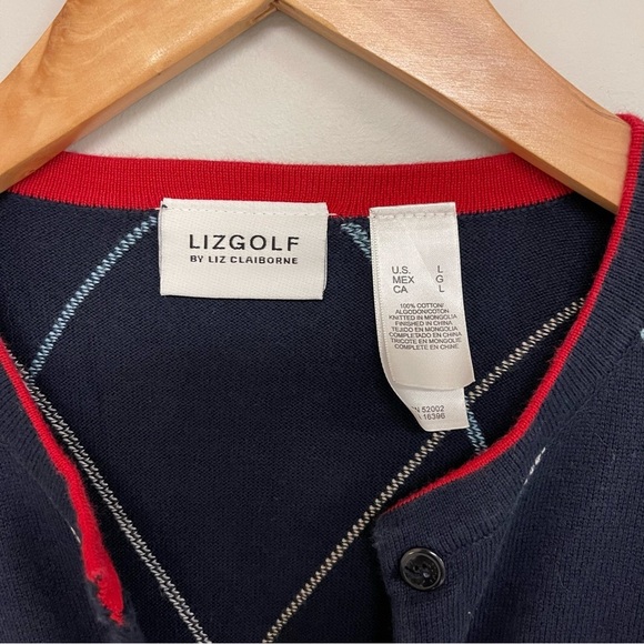 Liz Clairborne Golf Cardigan Women's Size Large Navy Red Argyle Cotton Vintage - Picture 6 of 6